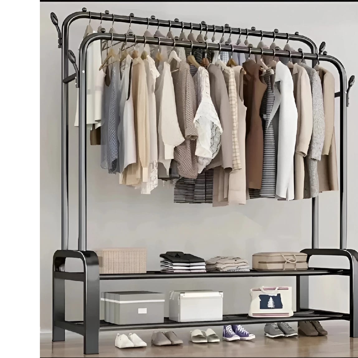 Lukzer Multipurpose Double Garment Rack Heavy Duty Cloth Rail With 2 Bottom Shelf(Black / 128 X 110 X 33cm)