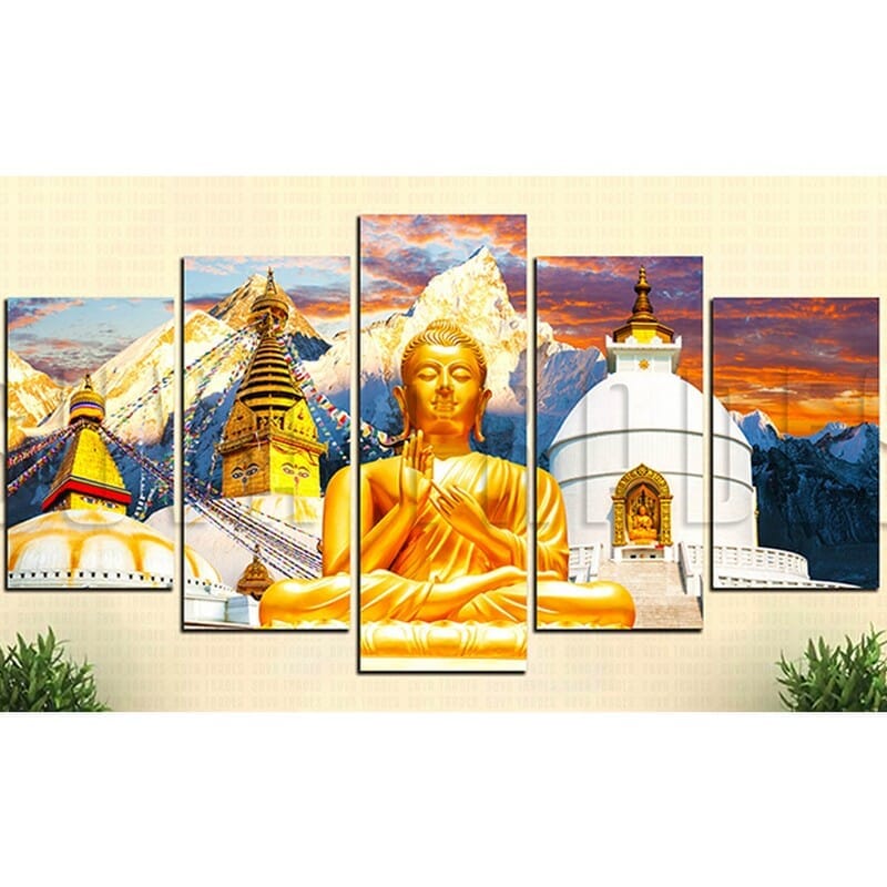 5 Piece Panel Buddha Stupa God Scene Canvas Art with Wooden back Frame by Om Suva Trades - image 2