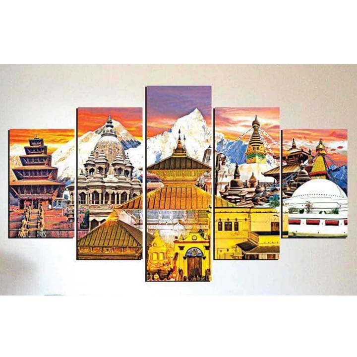 5 Piece Temples of Nepal Scene Canvas Art with Wooden back Frame by Om Suva Trades - image 2