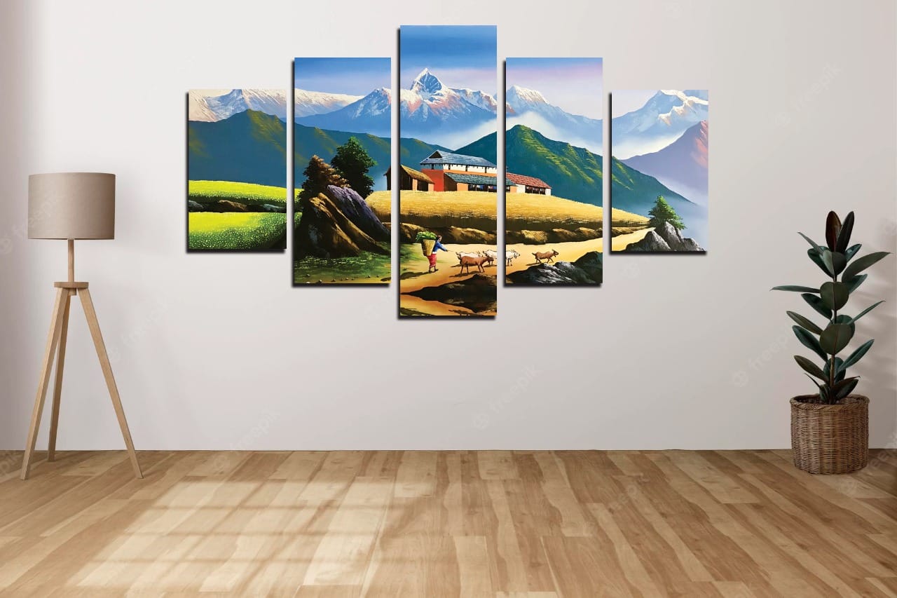 5 Piece Village / Mountain Scene V0004 Canvas Art with Wooden back Frame by Om Suva Trades - image 1
