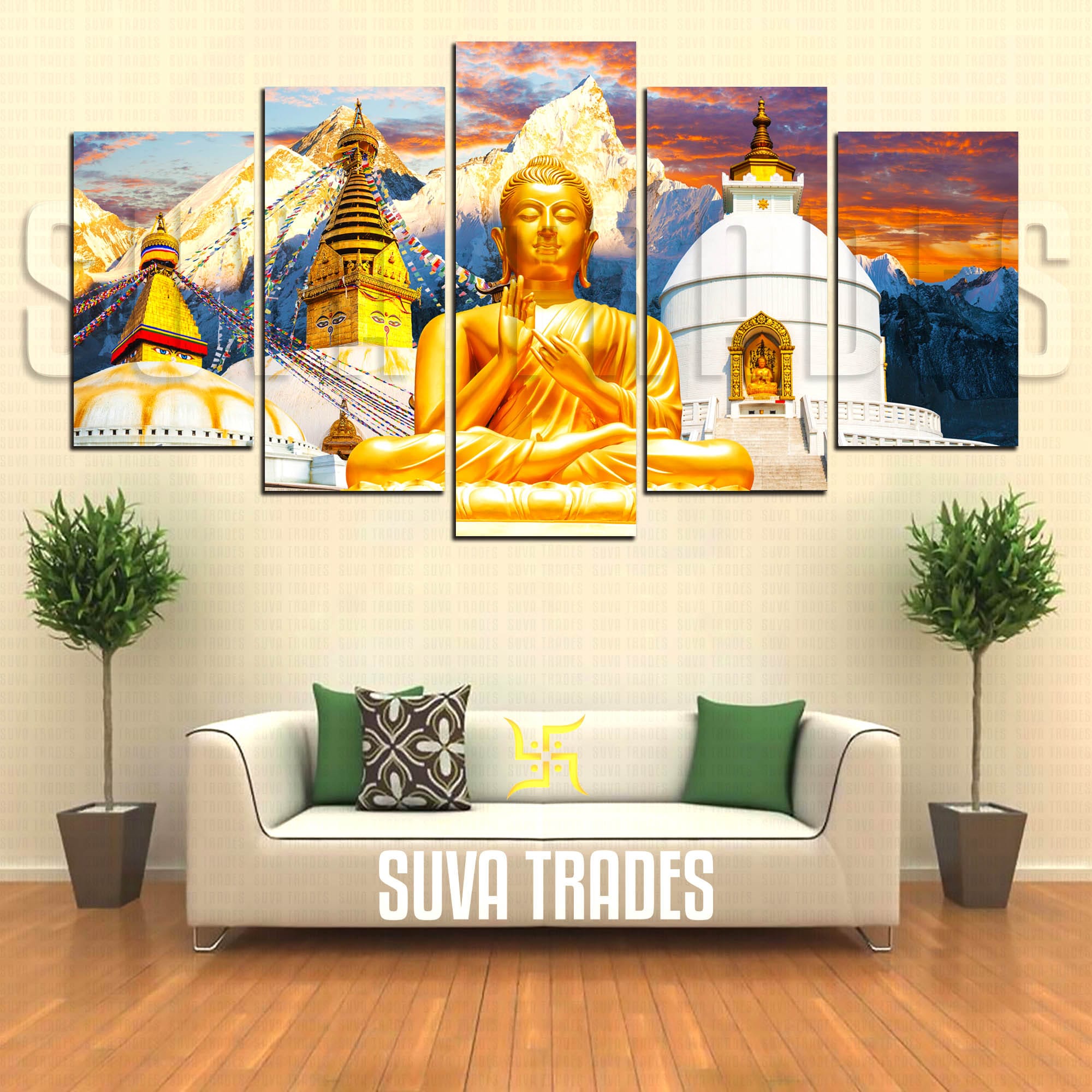 5 Piece Panel Buddha Stupa God Scene Canvas Art with Wooden back Frame by Om Suva Trades - image 1
