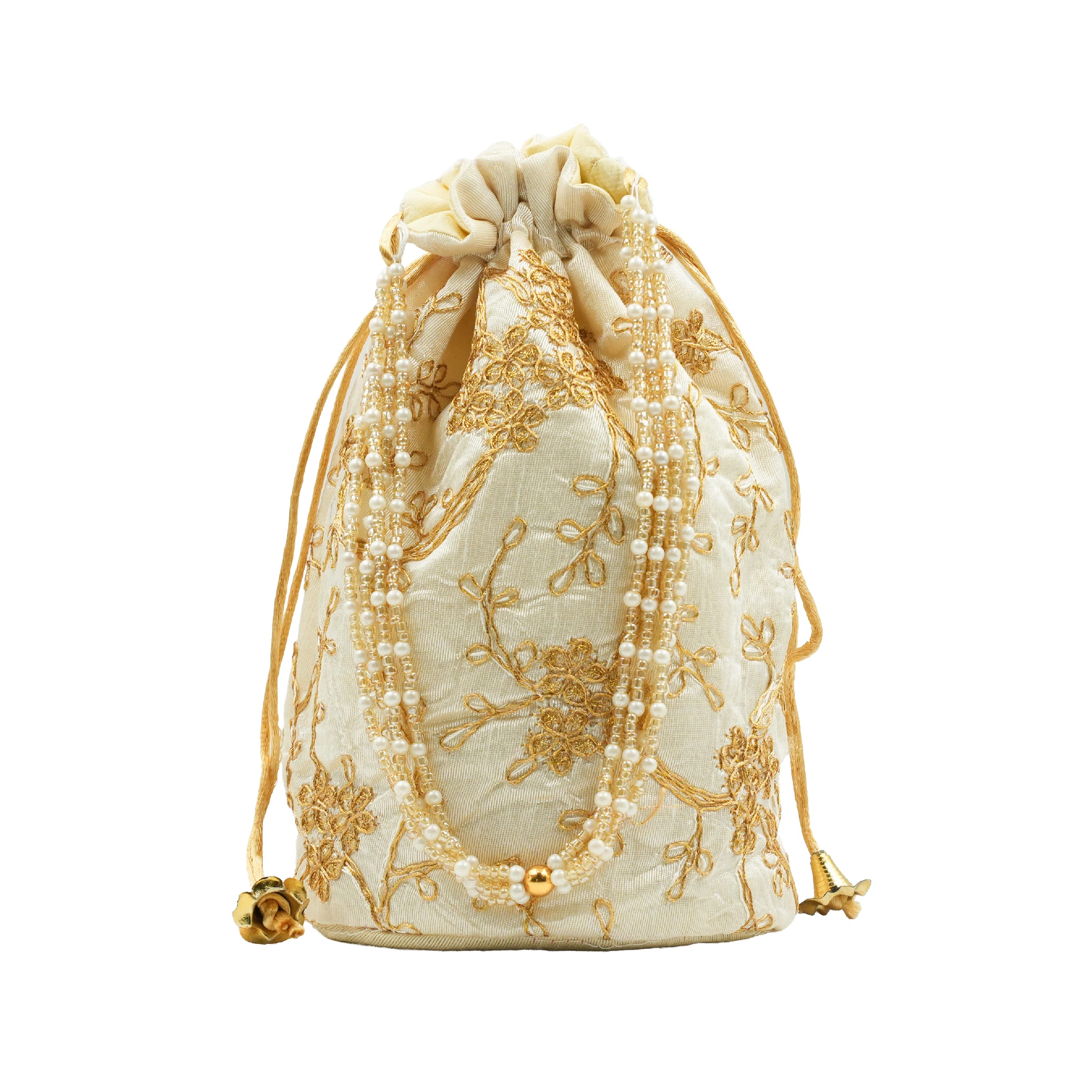 Velvet Embroidered Drawstring Potli Bag - White - image 1