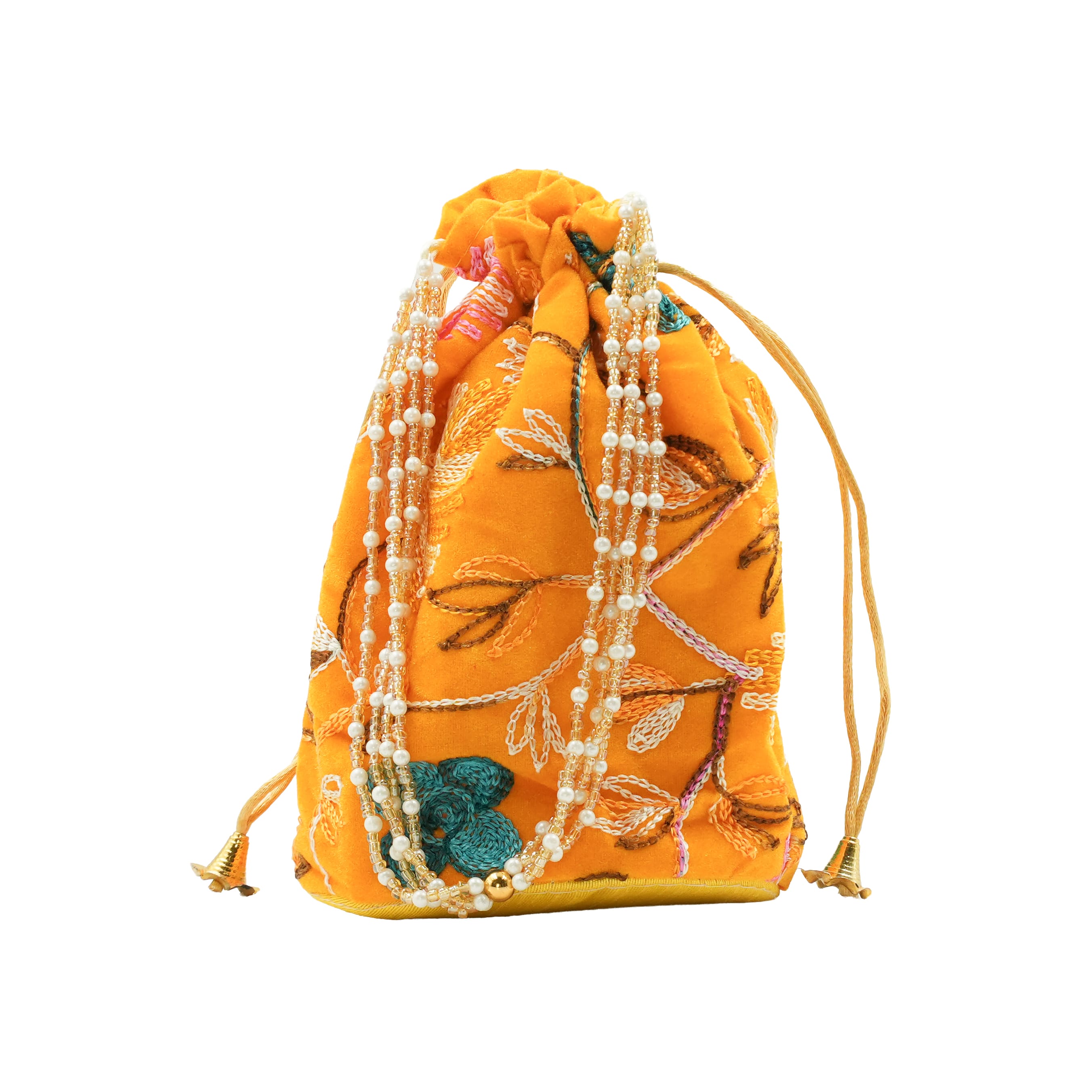 Velvet Embroidered Drawstring Potli Bag - Orange - image 1
