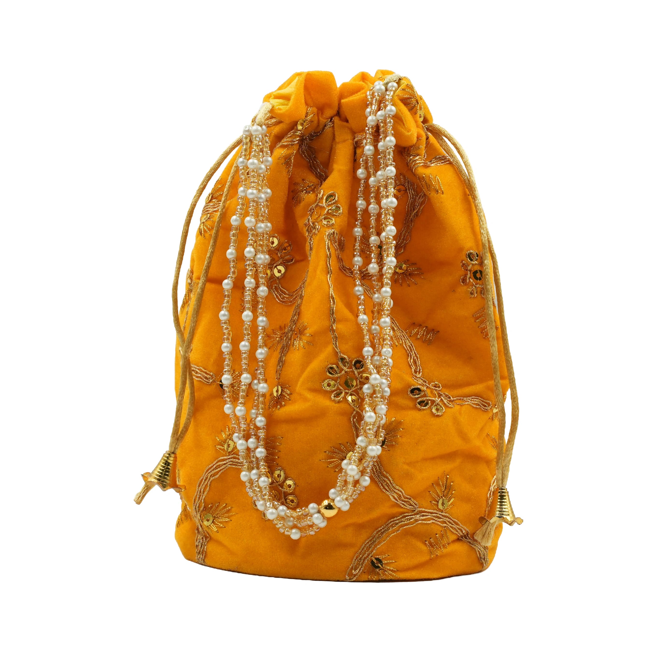 Velvet Embroidered Drawstring Potli Bag - Orange - image 3