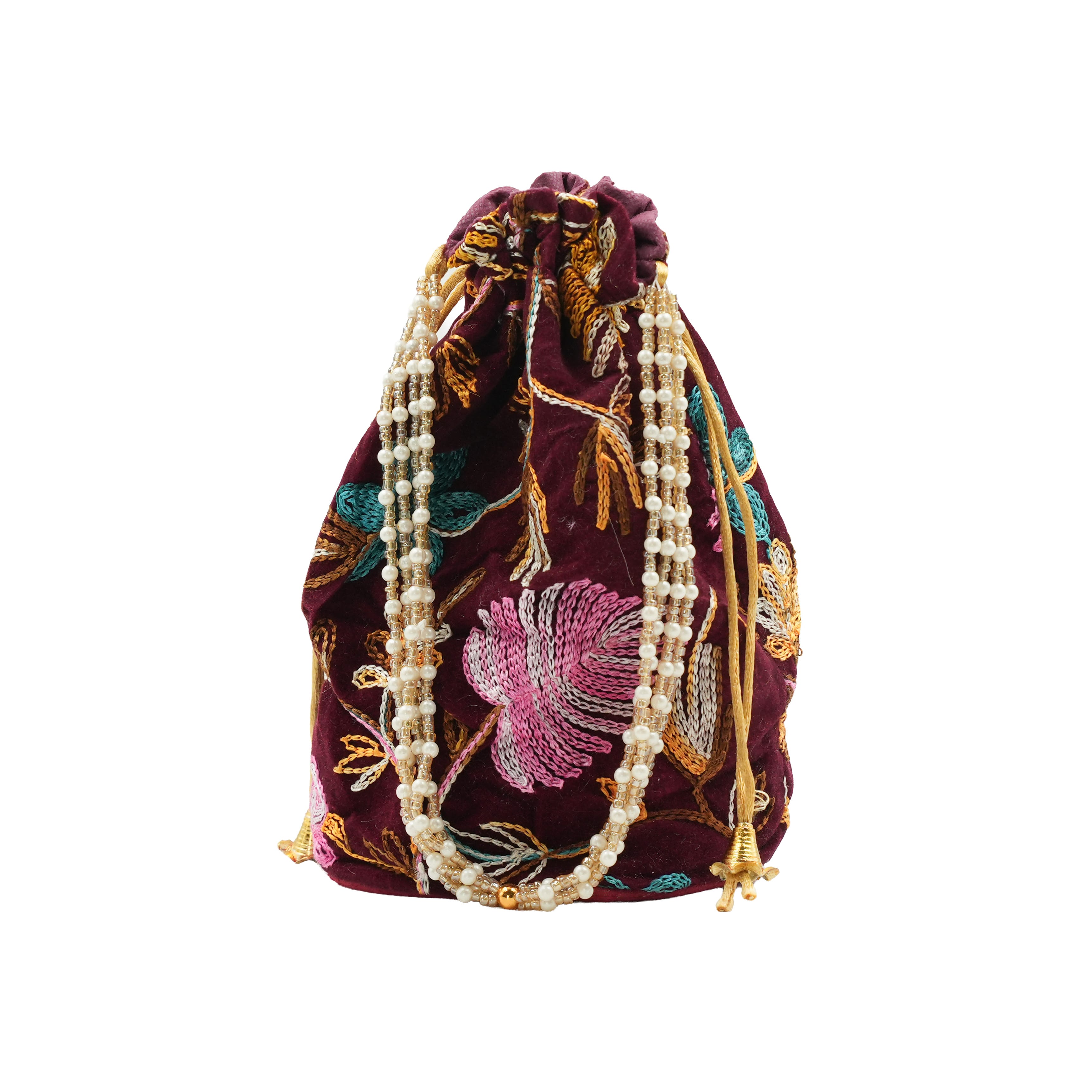 Velvet Embroidered Drawstring Potli Bag - Maroon - image 1