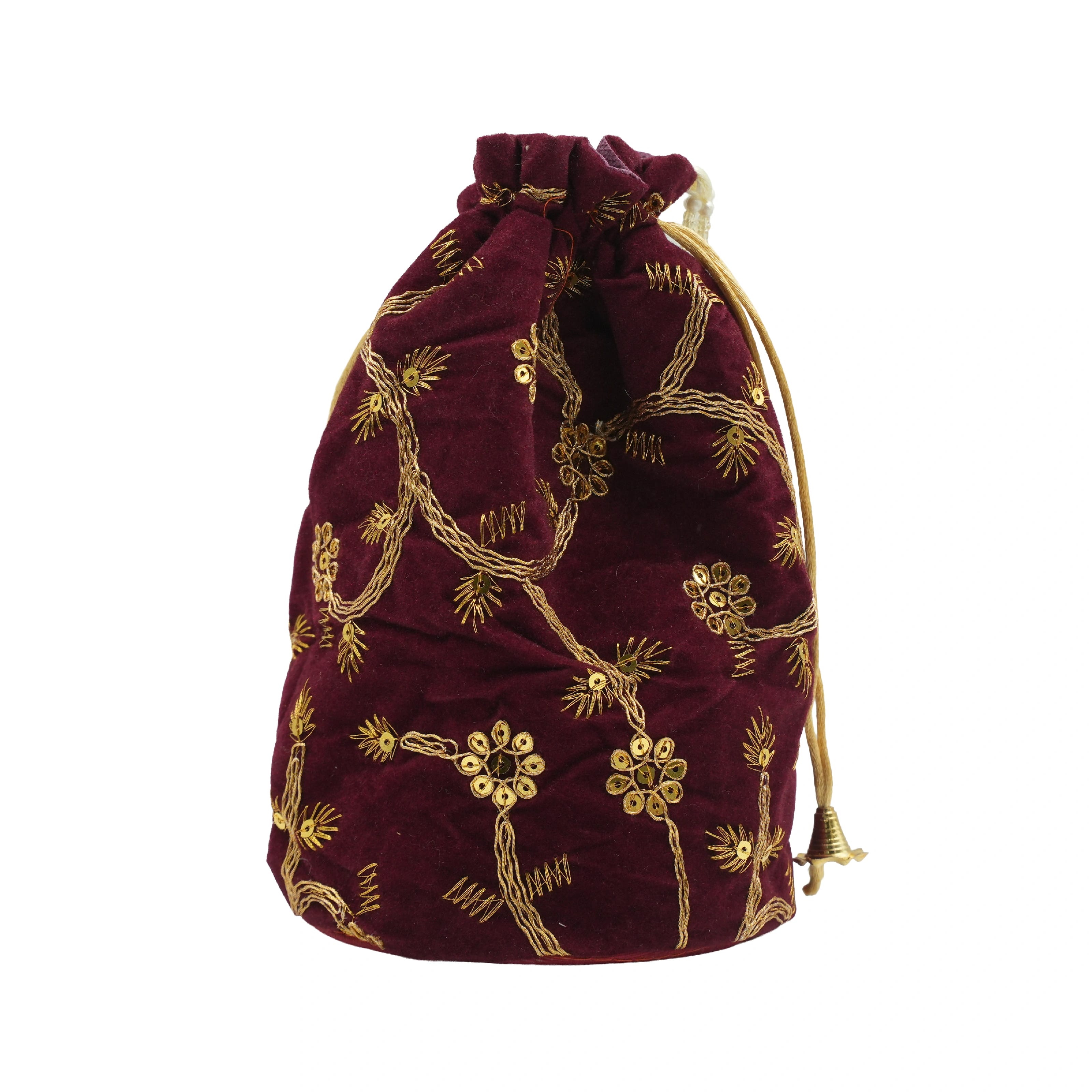 Velvet Embroidered Drawstring Potli Bag - Maroon - image 3