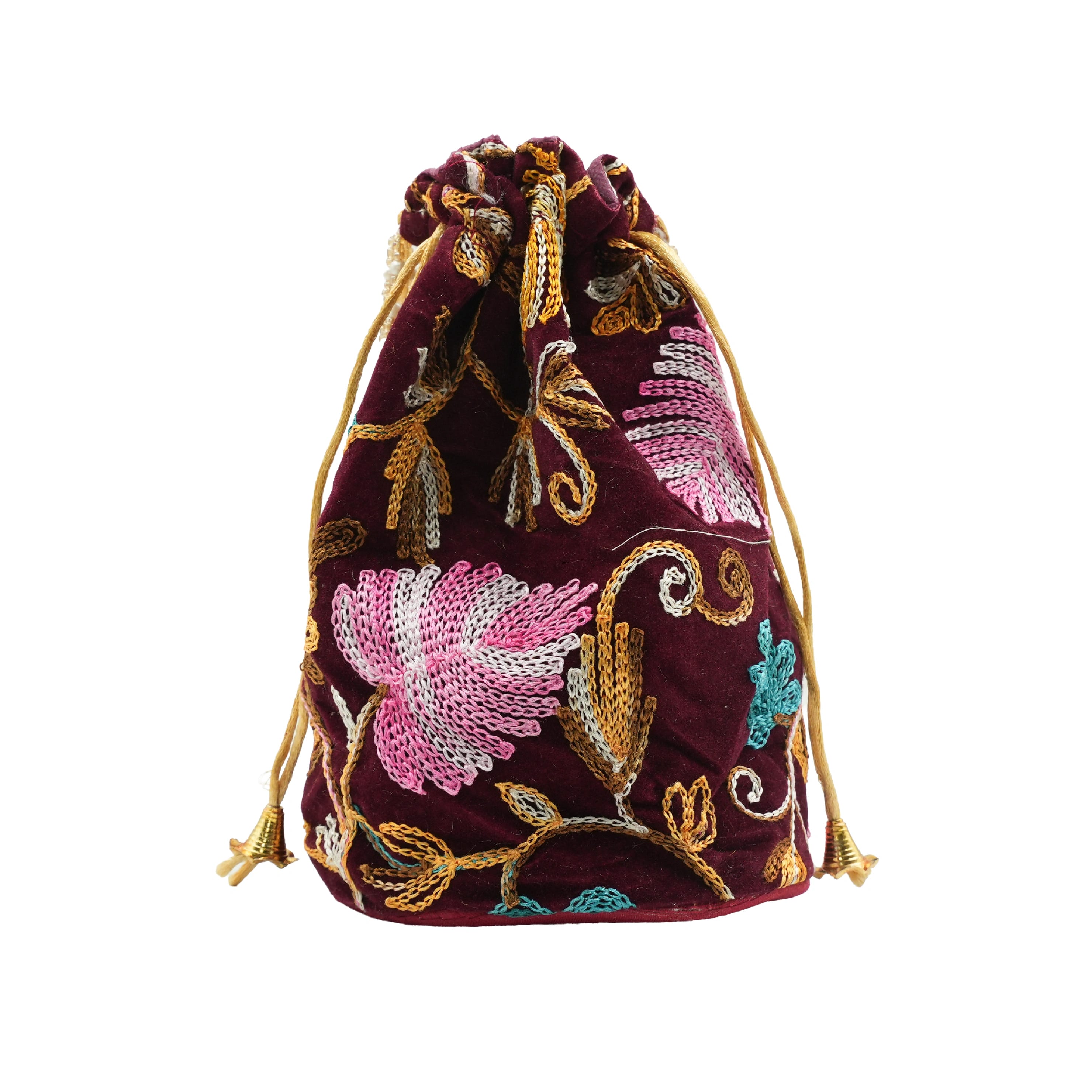 Velvet Embroidered Drawstring Potli Bag - Maroon - image 2