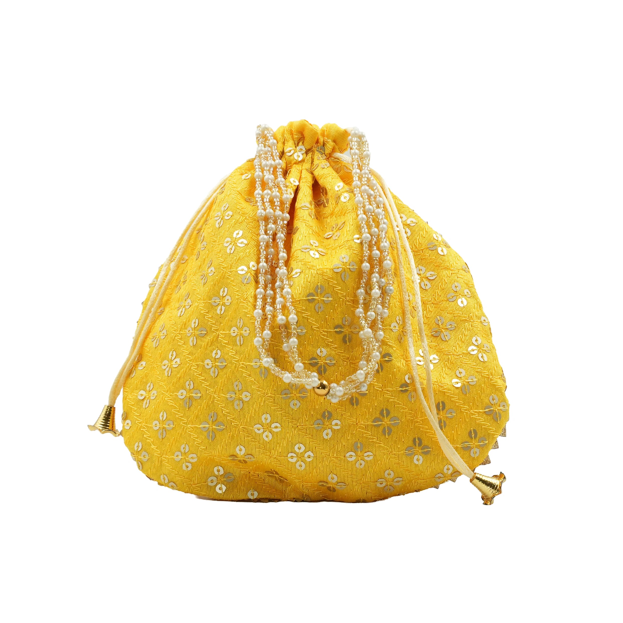 Velvet Embroidered Drawstring Round Potli Bag - Yellow - image 1