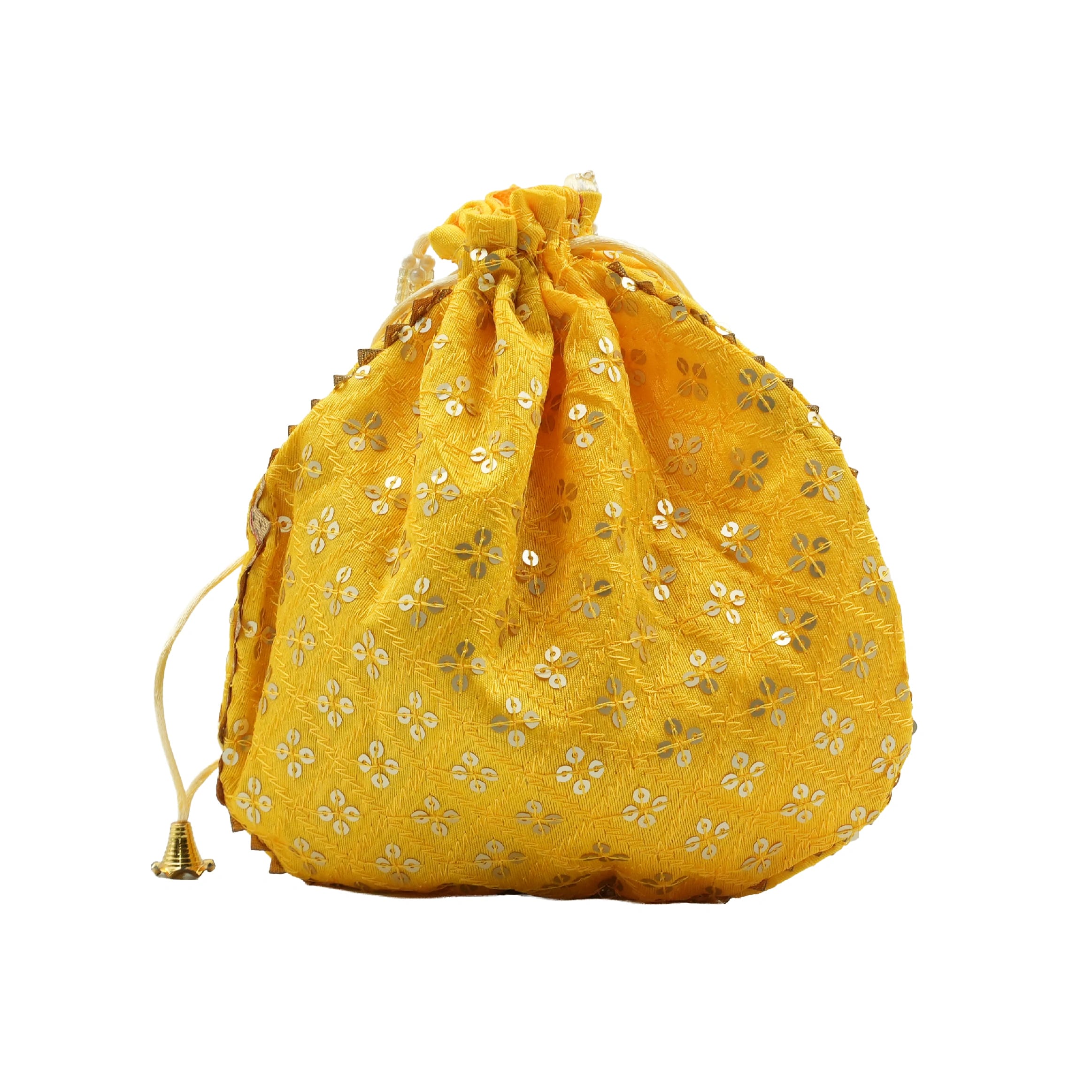Velvet Embroidered Drawstring Round Potli Bag - Yellow - image 2