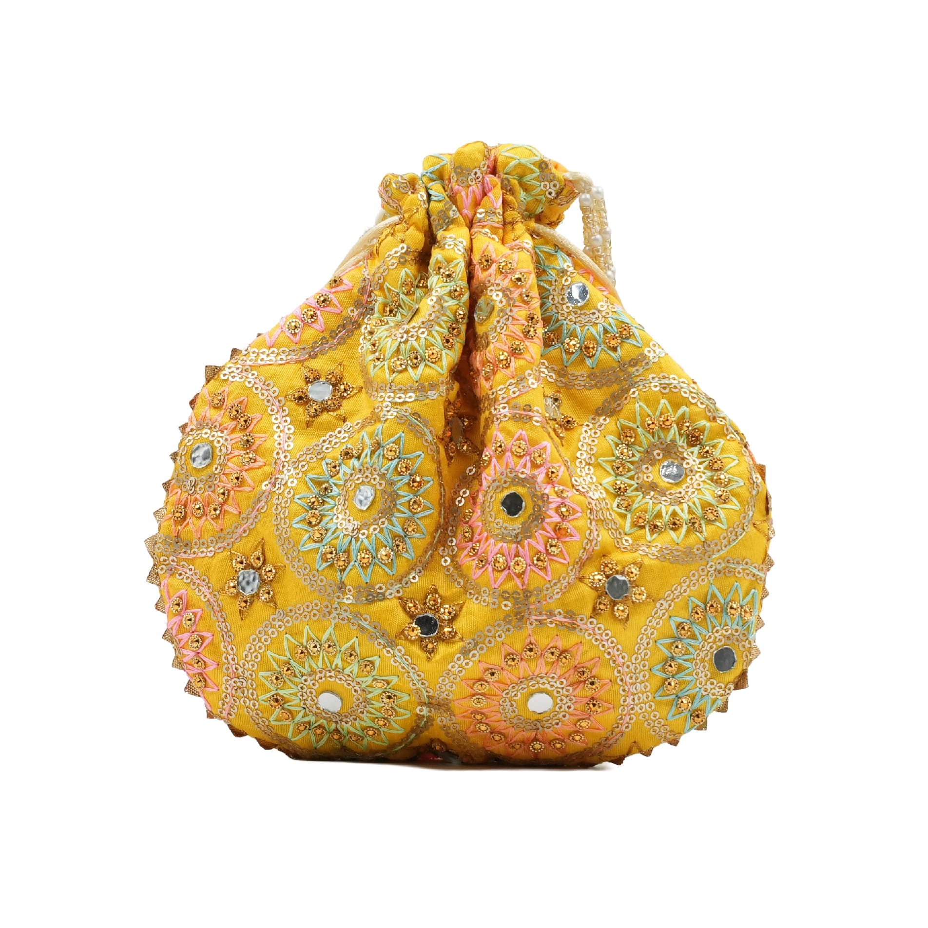 Royal Mirror Embroidered Drawstring Round Potli Clutch - Yellow - image 2