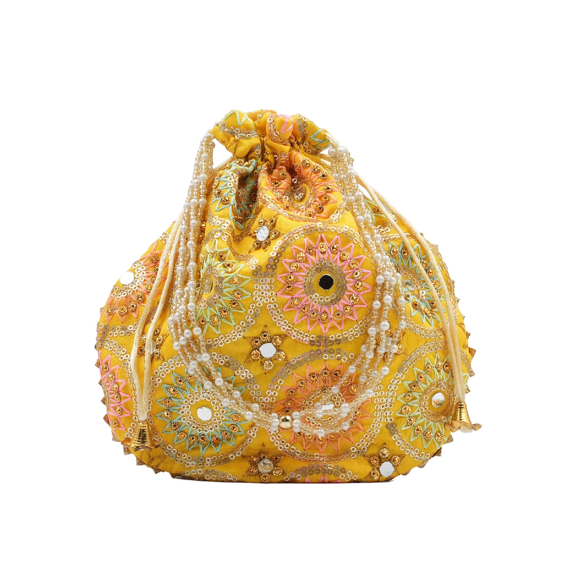 Royal Mirror Embroidered Drawstring Round Potli Clutch - Yellow - image 1