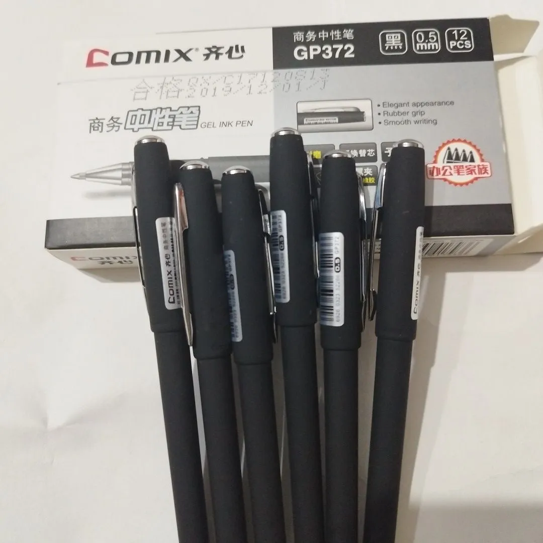Comix Gel Pen Black Body Black In 6 Pcs Set | Comix GP372 Smooth Flow Rubber Grip Black Gel Ink Pen - 6 Pieces