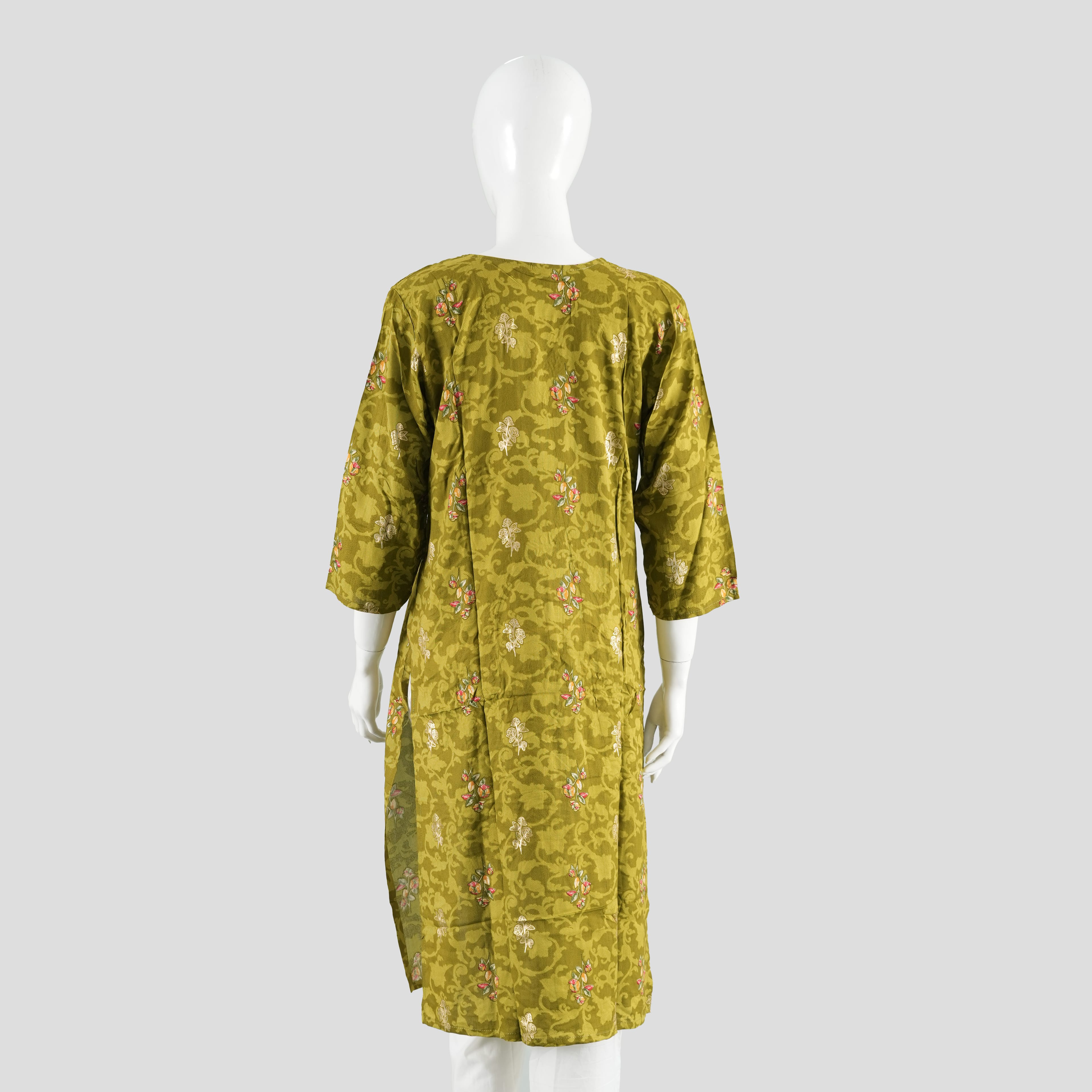 Olive Green Floral Printed Cotton Kurta With Mirror Work - image 4