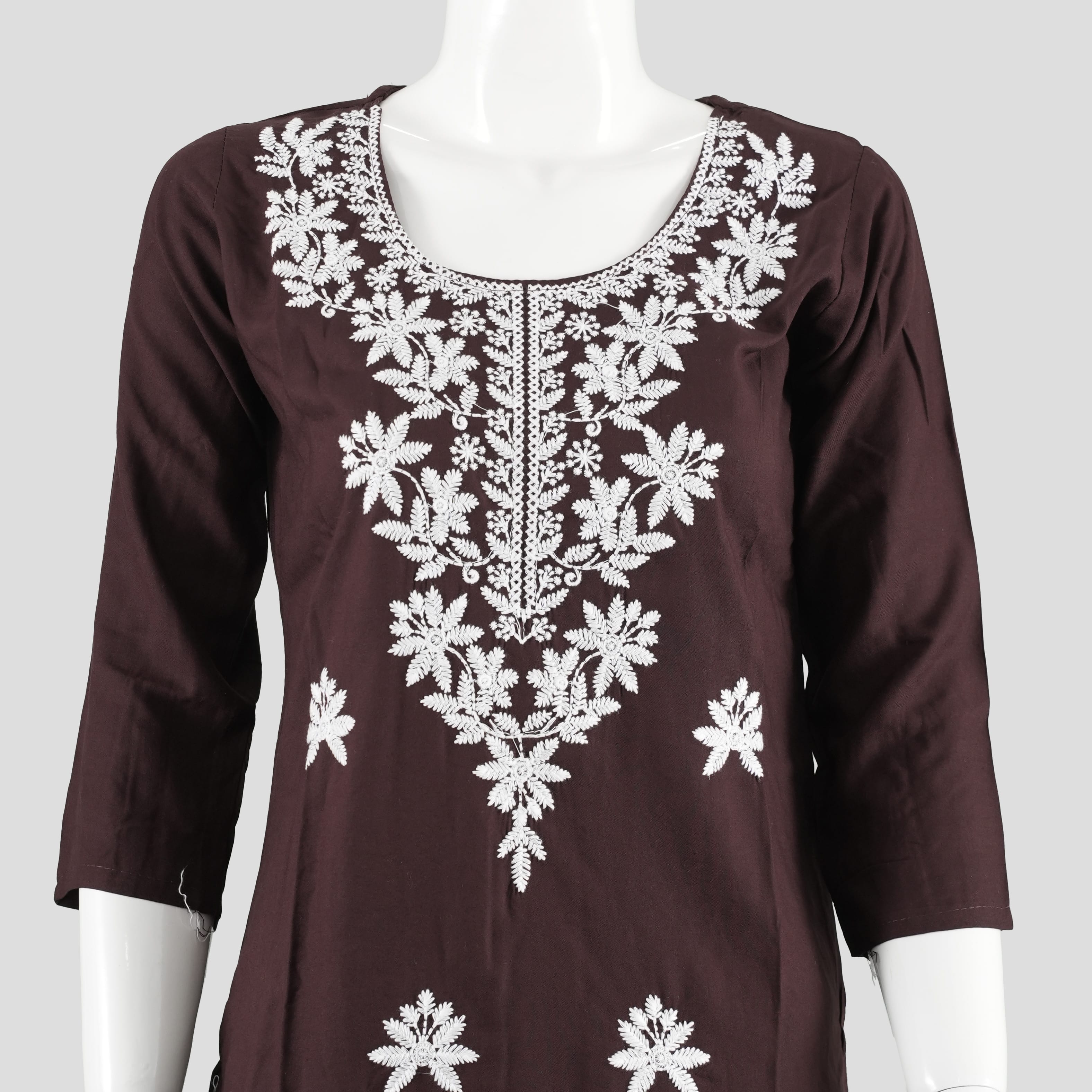 Lucknowi Chikankari Hand Embroidered Cotton Kurta - Dark Brown - image 2
