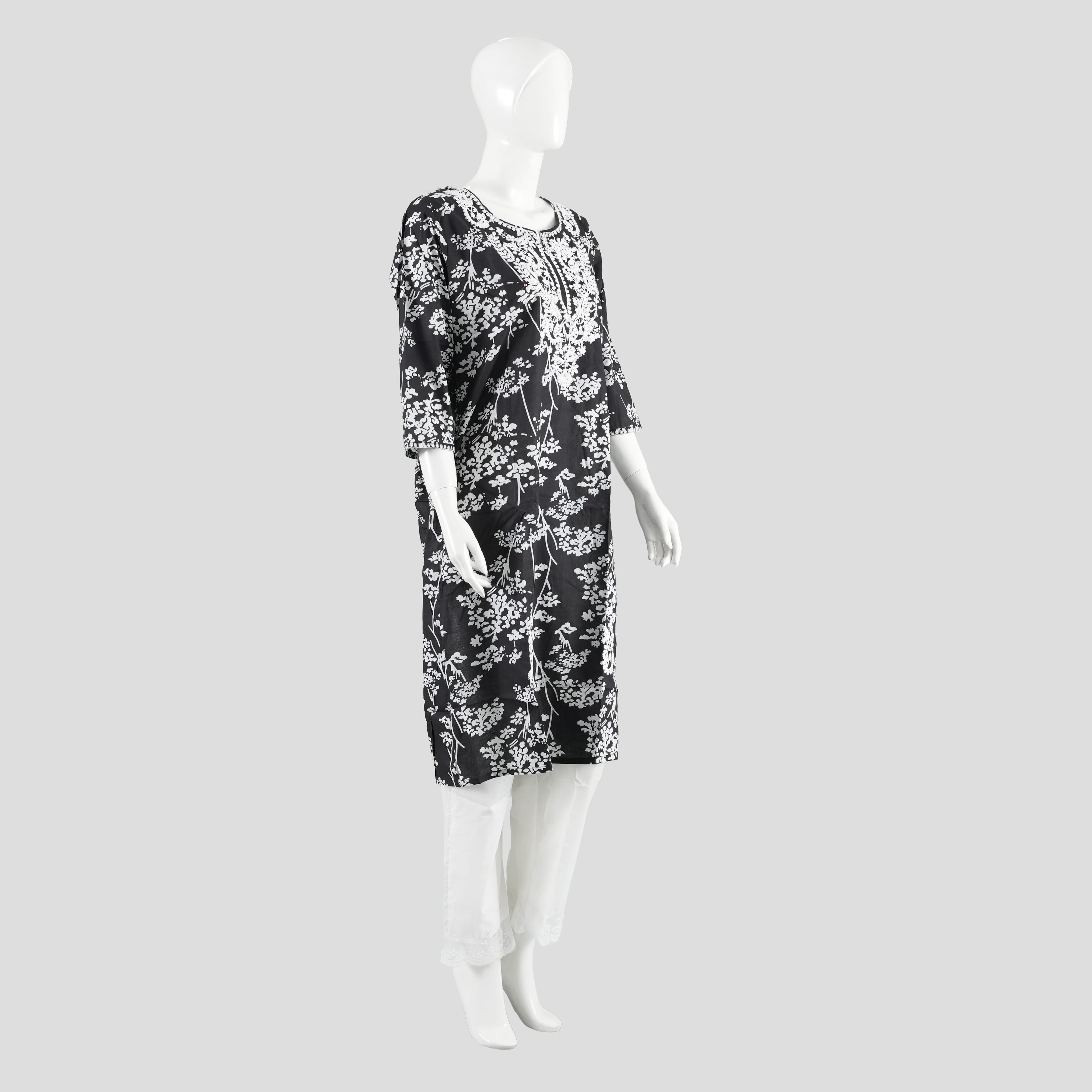 Lucknowi Chikankari Hand Embroidered Cotton Kurta Set With Palazzo - Black - image 3