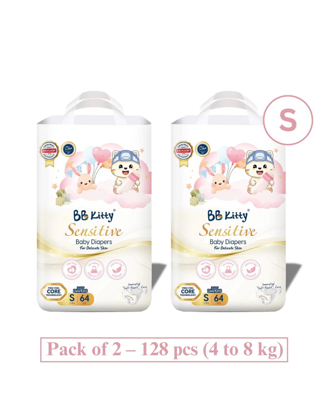 BB Kitty Small Size Sensitive Series (Pack Of 2) – 128 Pcs Baby Diapers (1-5 Months, 4-8kg) Magic Taped - 64 Pcs Each - image 1