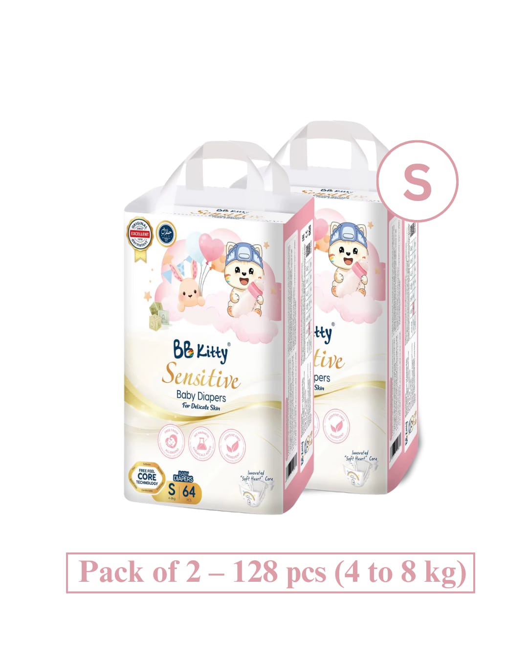 BB Kitty Small Size Sensitive Series (Pack Of 2) – 128 Pcs Baby Diapers (1-5 Months, 4-8kg) Magic Taped - 64 Pcs Each - image 5