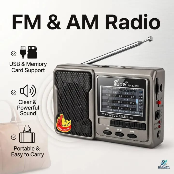 Rechargeable FM AM Radio | USB Card Music Player | Portable Radio for Home, Travel & Outdoor Use - image 1