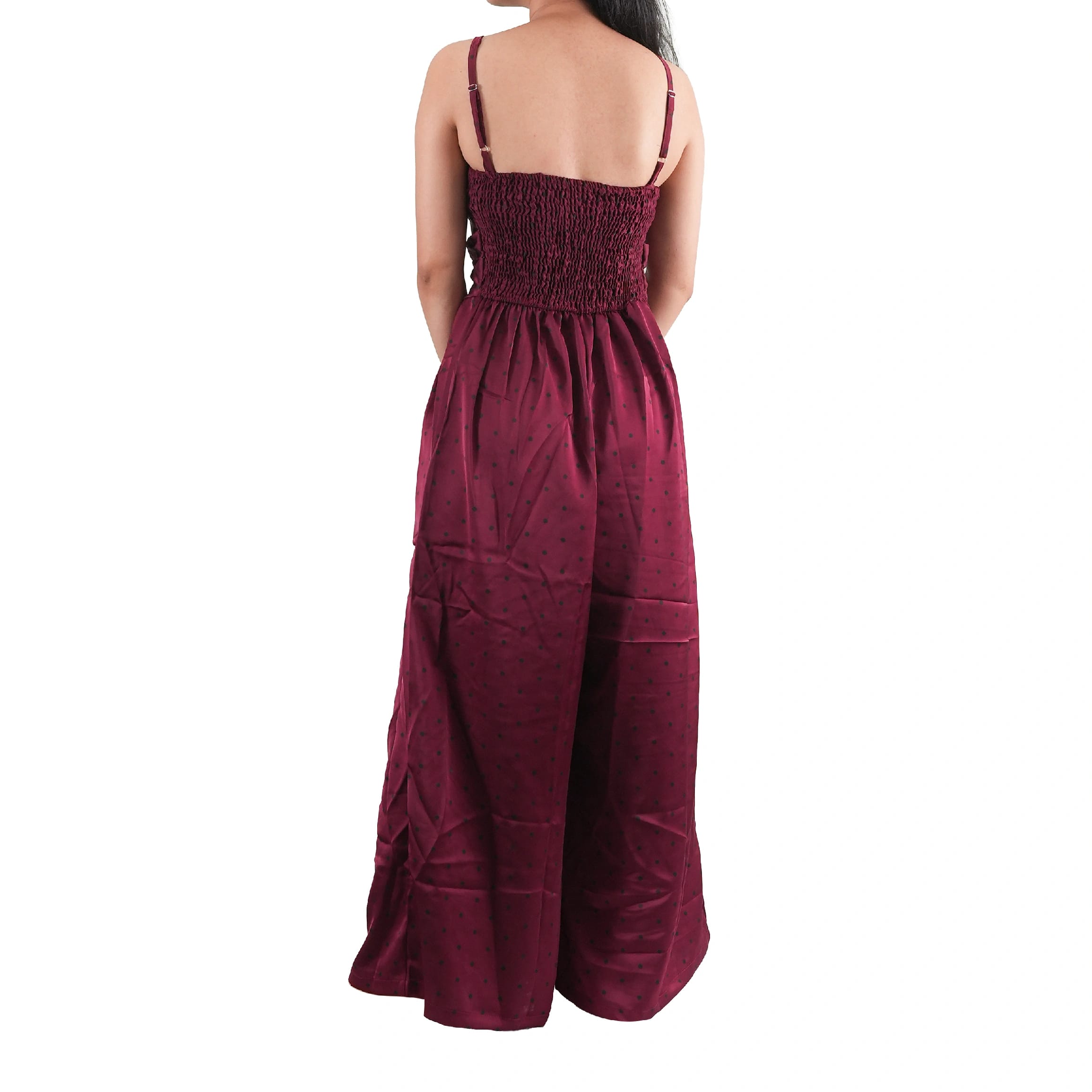Polka Dot Sleeveless Lining Printed Jumpsuit - Brown Color - image 3