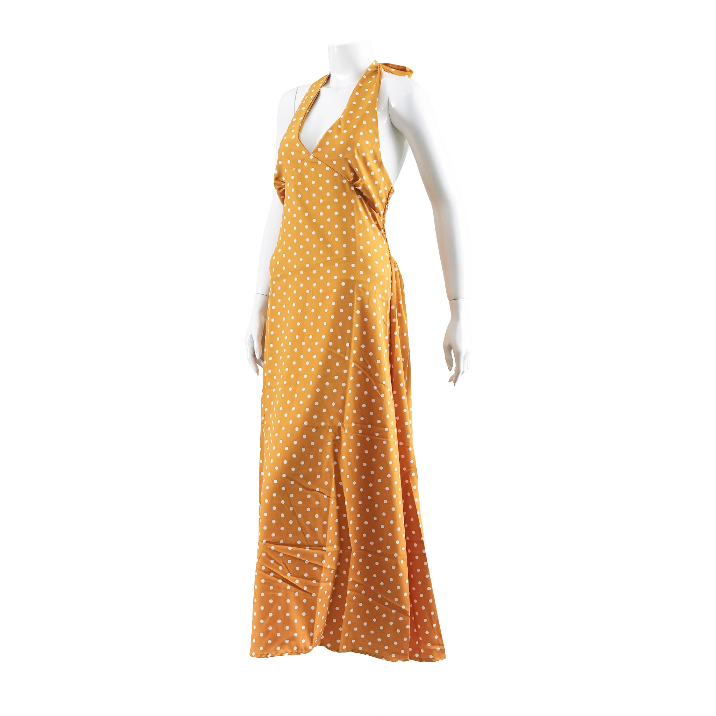 Polka Halter Neck Bodycon Maxi Dress For Women | One-Piece | Stylish Dress | Party Wear | Yellow Color - image 2