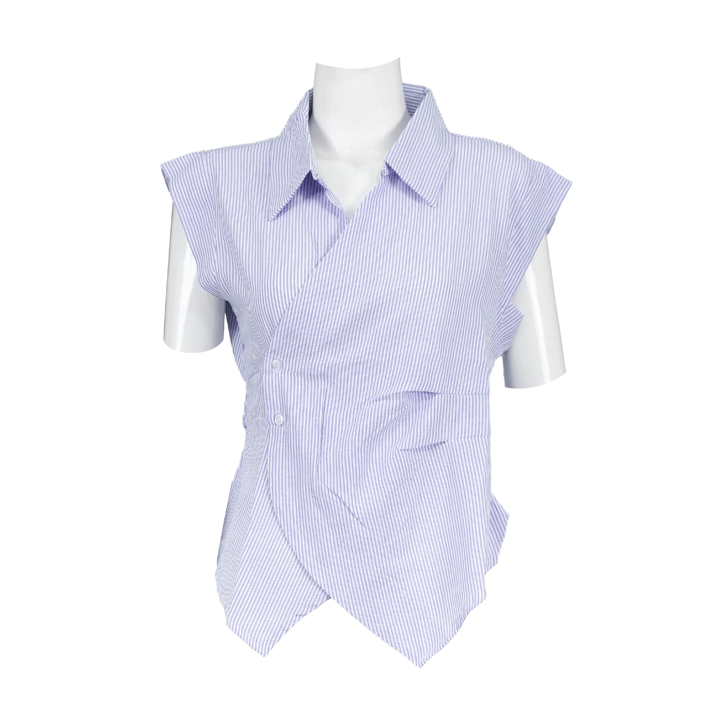 Casual Sleeveless Summer Side Fitted Shirt For Women (Periwinkle Blue) And White Vertical Stripes - image 1