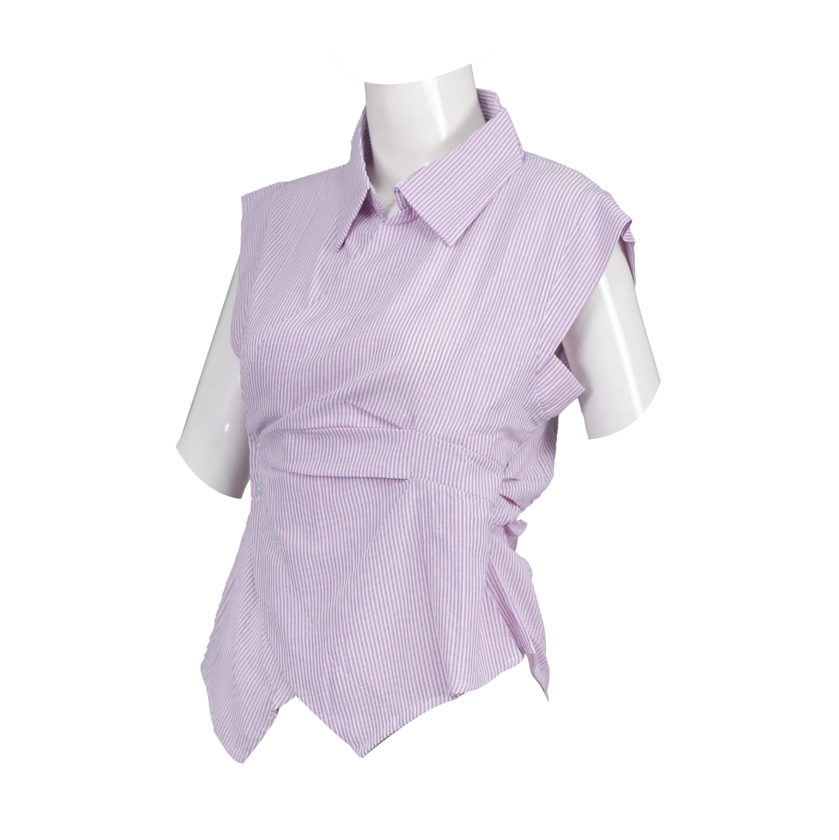 Casual Sleeveless Summer Side Fitted Shirt For Women (Light Purple) And White Vertical Stripes. - image 2