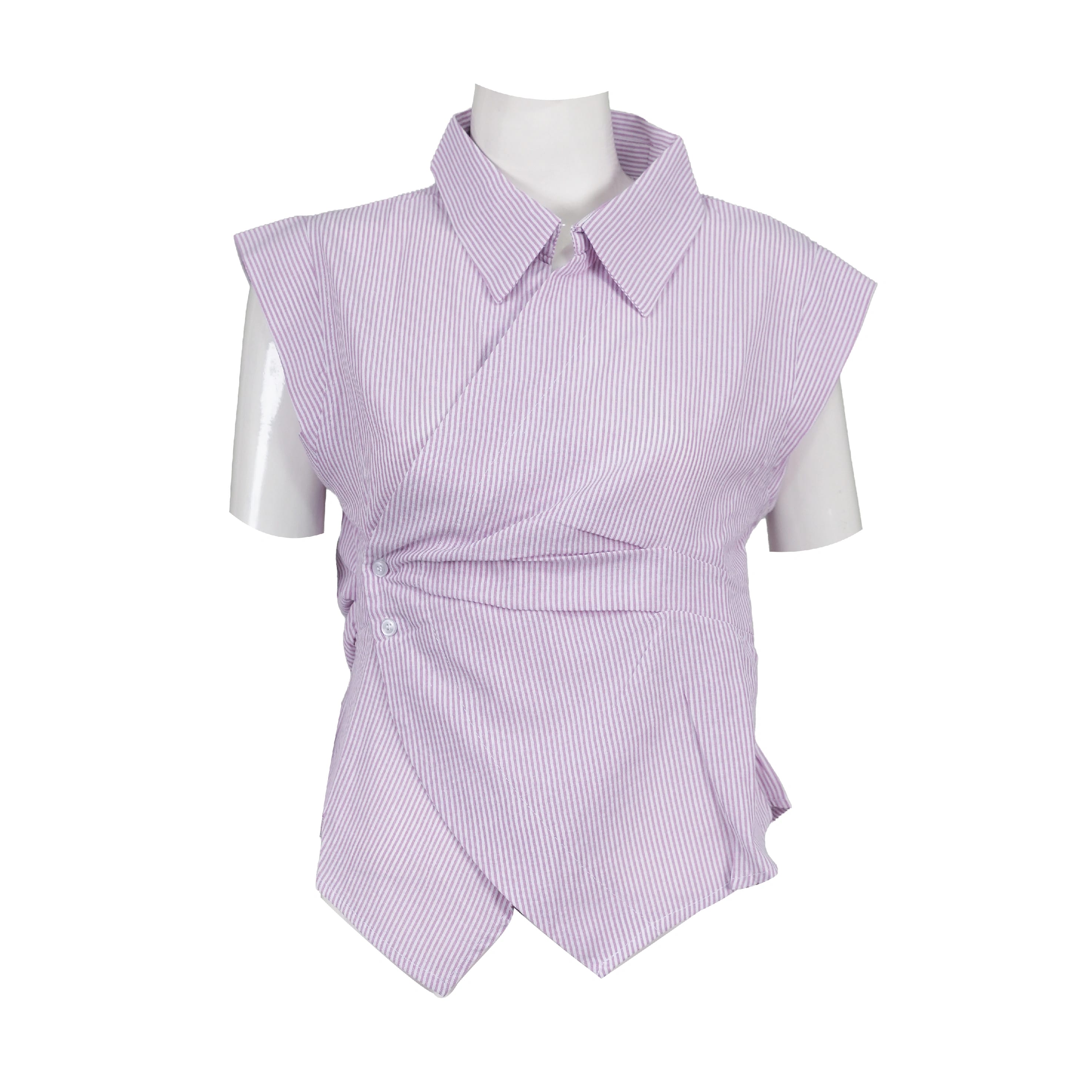 Casual Sleeveless Summer Side Fitted Shirt For Women (Light Purple) And White Vertical Stripes. - image 1