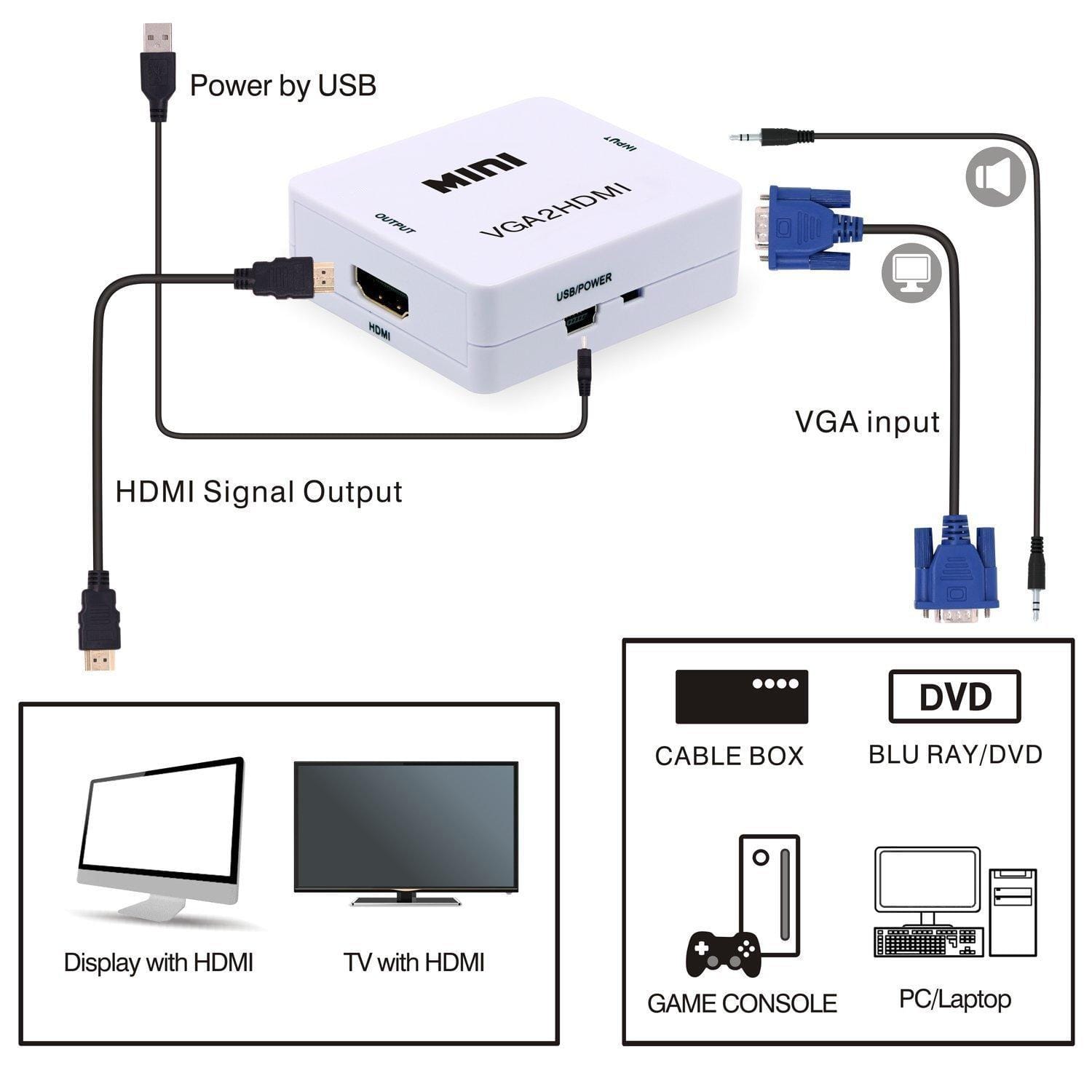 Vga To Hdmi 1080P, Full Hd Mini Audio Video Converter Adapter Box With Usb Power Cable Support With 3.5 Audio Jack - image 2