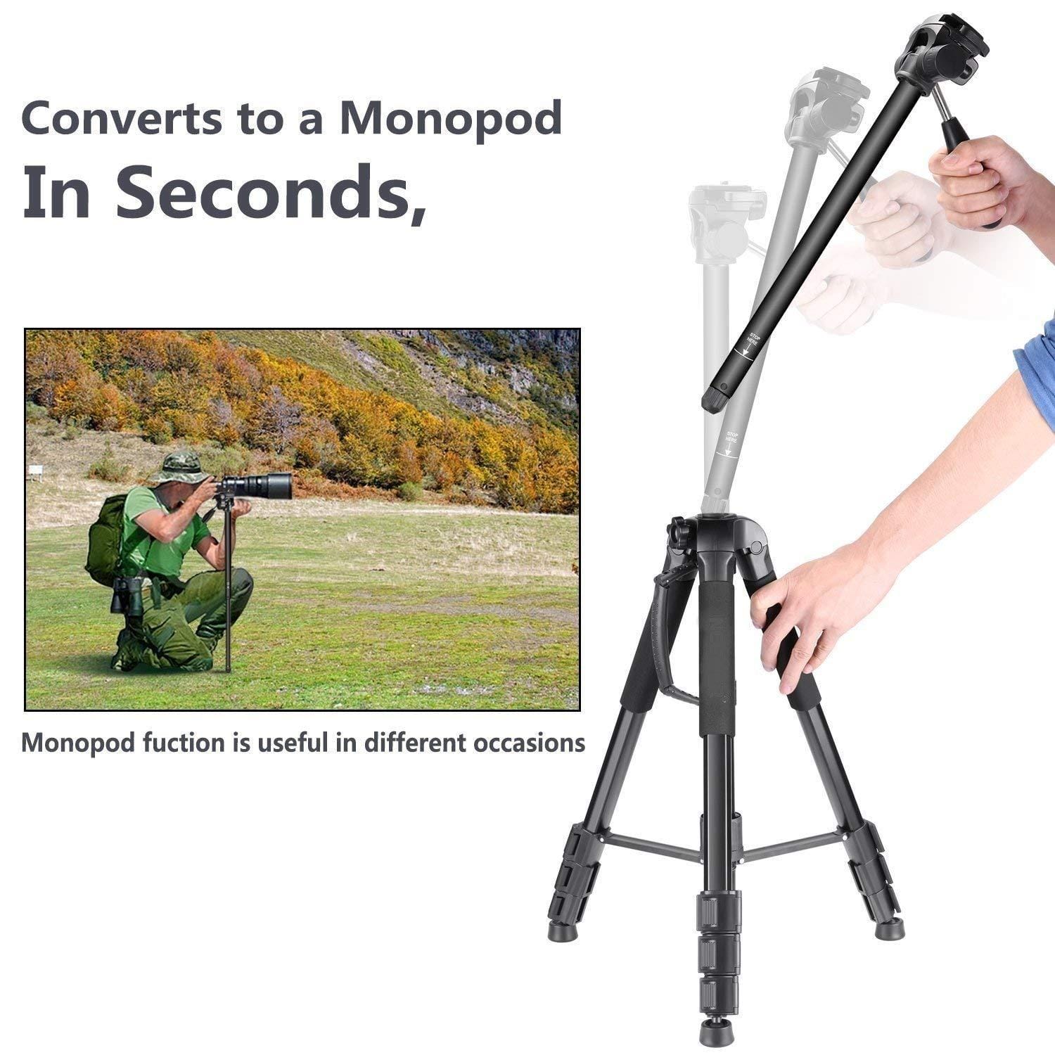 Jmary 2264 Upto 6Ft Height Professional Aluminium Tripod, Monopod For All Dslr Cameras (Black) - image 3