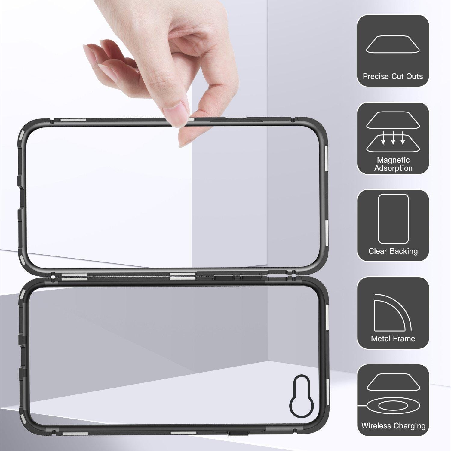 iPhone 8/7 Case, Magnetic Case Metal Frame Tempered Glass Back with Built-in Magnet Cover for Apple iPhone 7/8 (Clear Black) - image 2