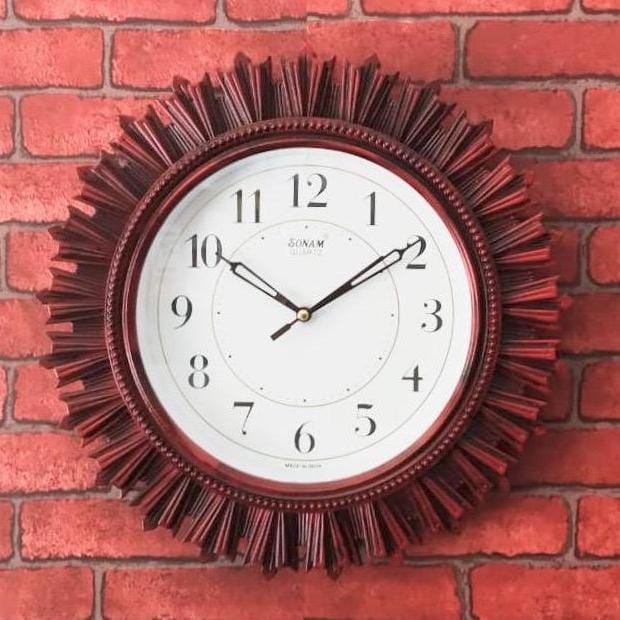 Sun Style Round Shape Designer Wooden Style Plastic Wall Clock 10in X 10in - image 1
