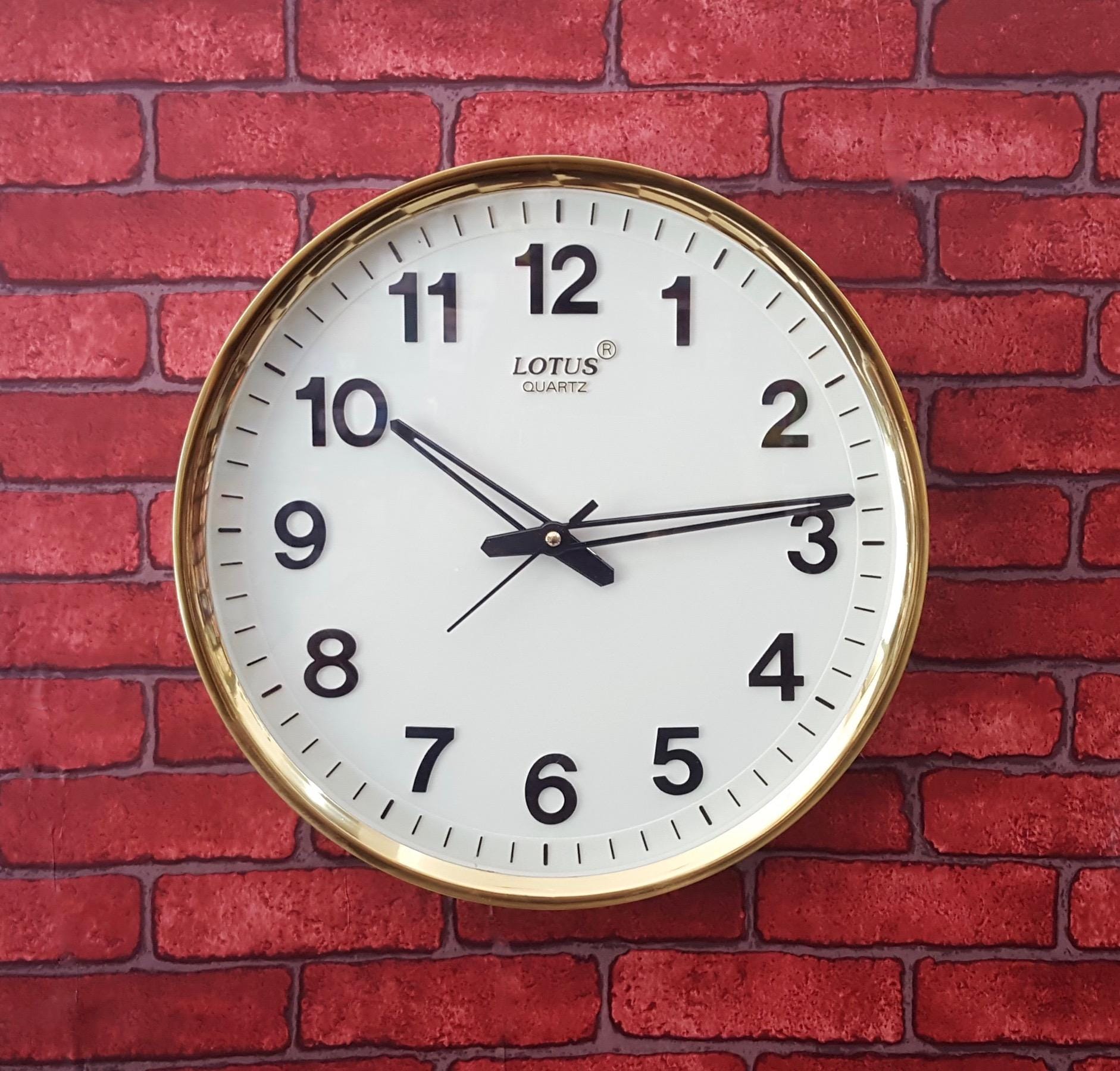 Lotus Quartz Display Wall Clock Battery Operated Round Easy To Read Home/Office/School Clock (White) Golden Border - image 1