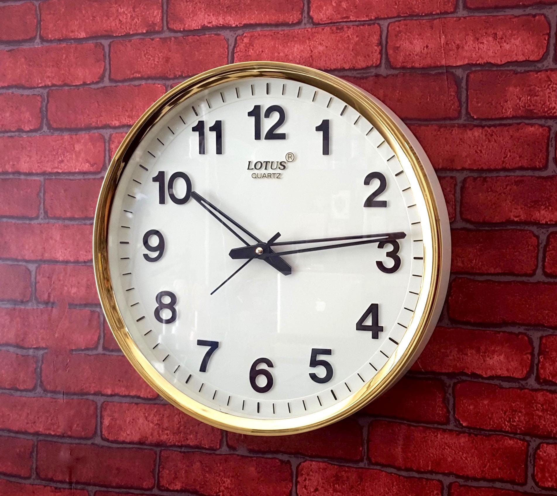 Lotus Quartz Display Wall Clock Battery Operated Round Easy To Read Home/Office/School Clock (White) Golden Border - image 3