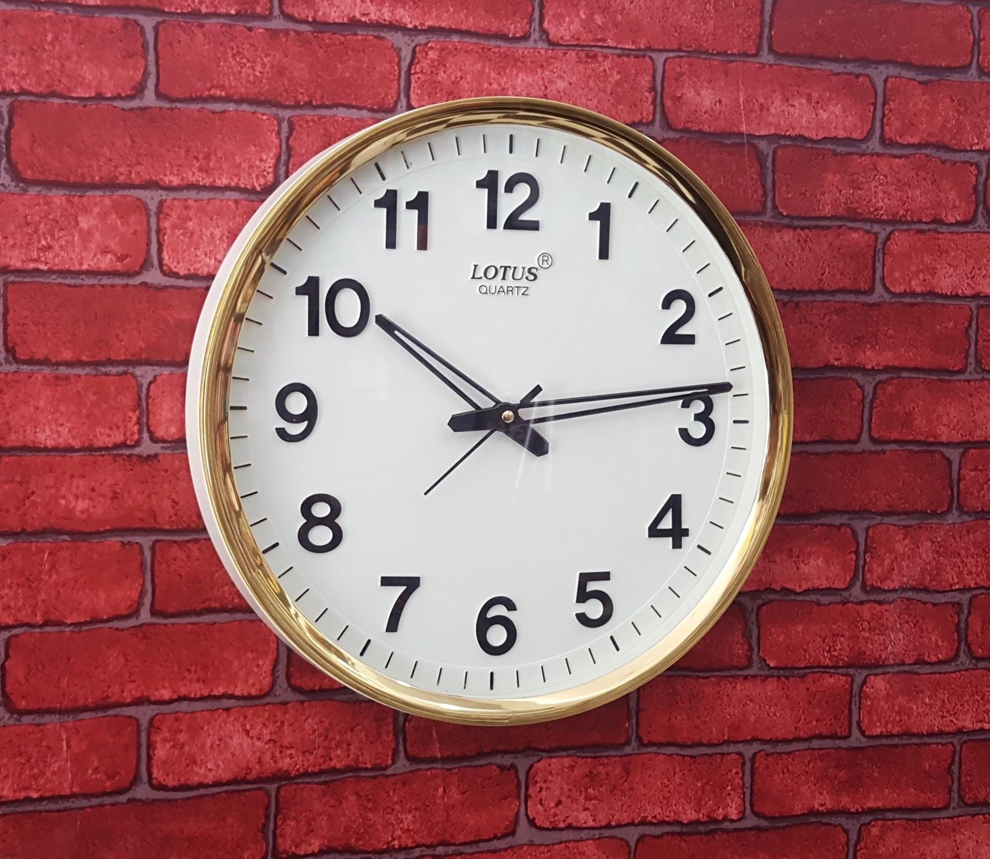 Lotus Quartz Display Wall Clock Battery Operated Round Easy To Read Home/Office/School Clock (White) Golden Border - image 2