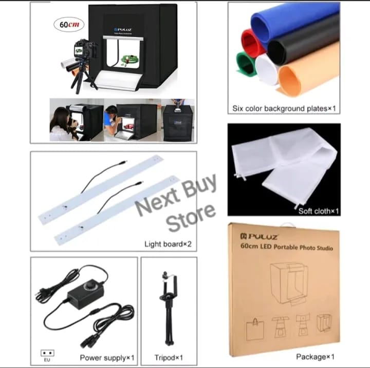 PULUZ Photo Studio Light Box Portable 60 x 60 x 60 cm Light Tent LED 5500K Mini 60W Photography Studio Tent Kit with 3 Removable 6 Colour Backdrop - image 1