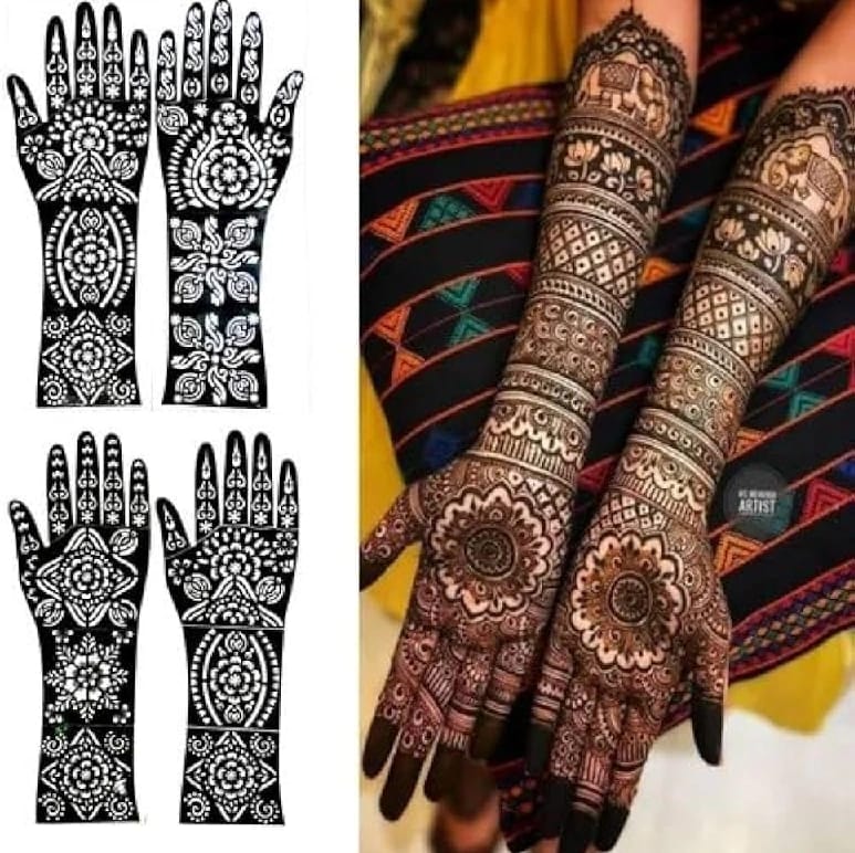 JCPK Mehendi Stencil Stickers / Sticker Stick On And Apply Heena (Pack Of 2) Different Two Designs Bridal Mehandi Stencils Heena Mehandi Sticker For Festivals Functions Girls Women Traditional Design Mehendi Sticker For Hand - image 1