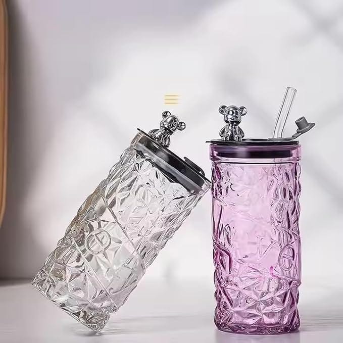 Pack Of 1 Teddy Love Sipper Glass With Lid & Straw | Premium Textured Glass Tumbler | Cute Bear Design Drinking Cup | Leakproof Reusable Glass For Coffee, Juice, Smoothies - image 2