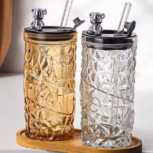 Pack Of 1 Teddy Love Sipper Glass With Lid & Straw | Premium Textured Glass Tumbler | Cute Bear Design Drinking Cup | Leakproof Reusable Glass For Coffee, Juice, Smoothies - image 1