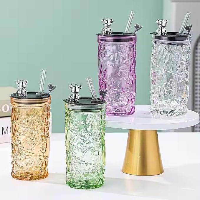 Pack Of 1 Teddy Love Sipper Glass With Lid & Straw | Premium Textured Glass Tumbler | Cute Bear Design Drinking Cup | Leakproof Reusable Glass For Coffee, Juice, Smoothies - image 4