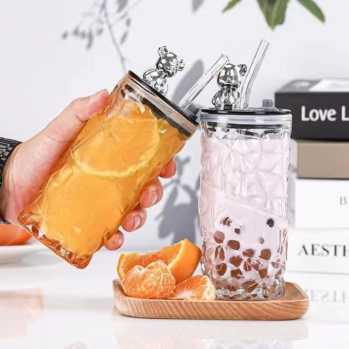 Pack Of 1 Teddy Love Sipper Glass With Lid & Straw | Premium Textured Glass Tumbler | Cute Bear Design Drinking Cup | Leakproof Reusable Glass For Coffee, Juice, Smoothies - image 3