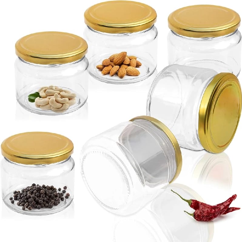 2 Piece Set Of 250ML Round Glass Jars / Jar With Golden Lids - image 1