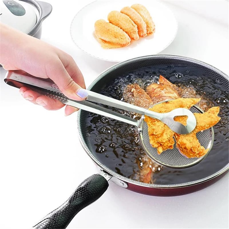 Stainless Steel Snack Fryer,Filter Spoon With Clip/Multi-Functional Oil Mesh Colander/Kitchen Serving Tongs,Standard,Silver - image 3