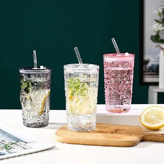 Glass Tumbler With Lid Straw, Reusable Water Glasses, Coffee Cup, Outdoor Glass For Juice, Smoothie, Tea (1pcs) - image 1