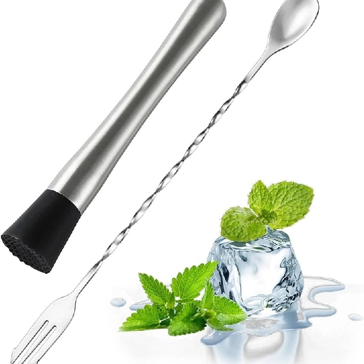 Cocktail Bar Muddler 8" And Stirring Spoon Stainless Steel Drink Muddlers/ Masher & Mixing Spoon 12" | Cocktail Spoon | Bartender Tools: 2 Pcs. - image 1