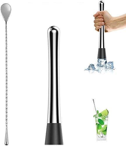 Cocktail Bar Muddler 8" And Stirring Spoon Stainless Steel Drink Muddlers/ Masher & Mixing Spoon 12" | Cocktail Spoon | Bartender Tools: 2 Pcs. - image 2
