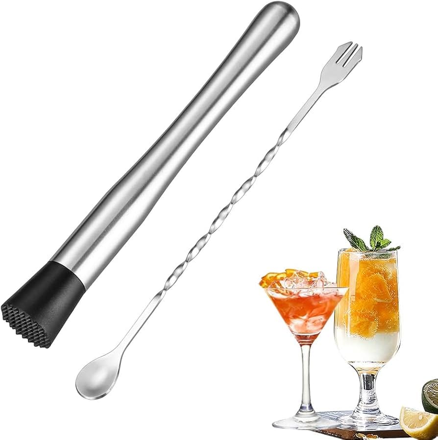 Cocktail Bar Muddler 8" And Stirring Spoon Stainless Steel Drink Muddlers/ Masher & Mixing Spoon 12" | Cocktail Spoon | Bartender Tools: 2 Pcs. - image 3