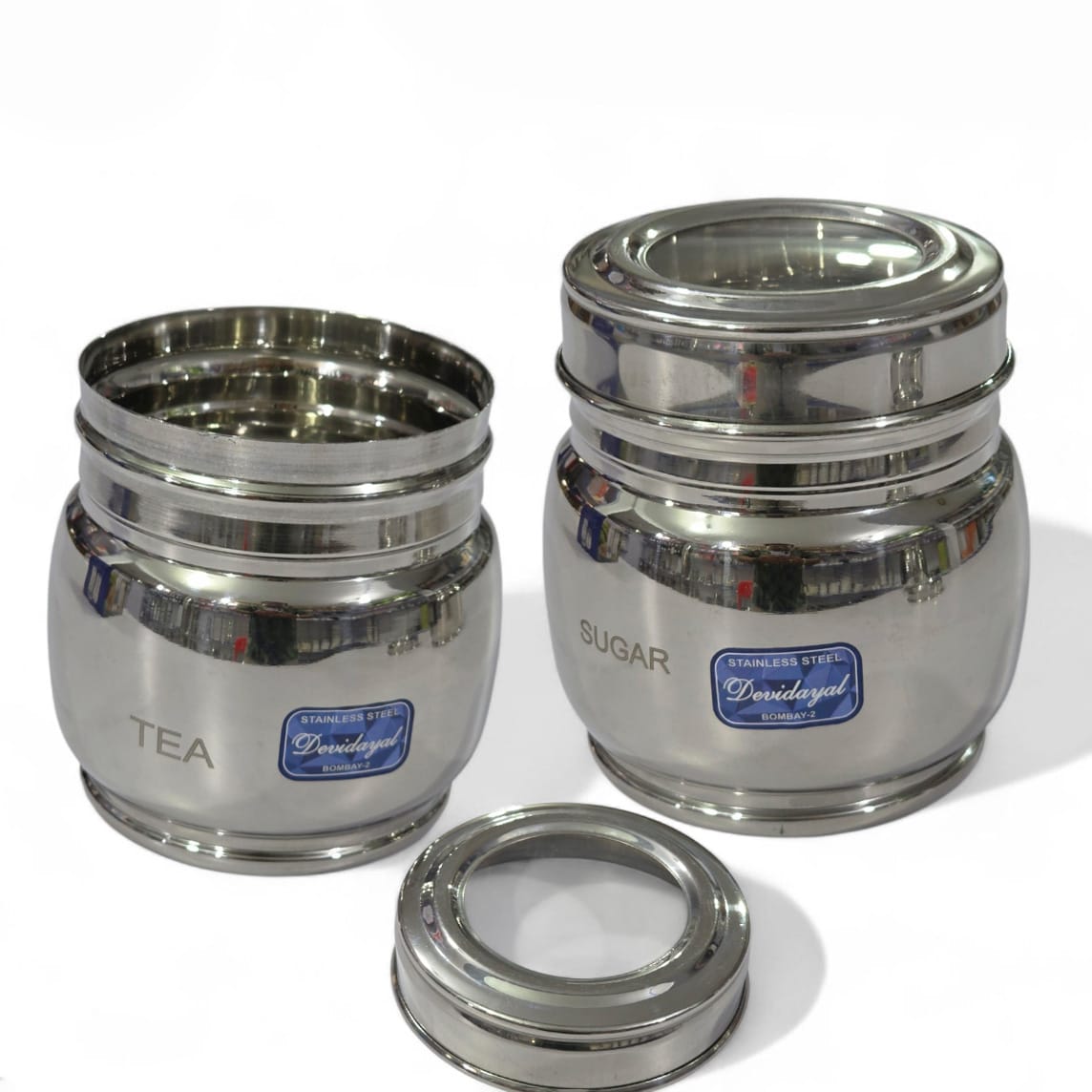Devidayal "Belly" Tea & Sugar Cannister Set (2 Pieces) – Traditional Contour Stainless Steel Jars With Transparent Acrylic See-Through Lids (Since 1960) - image 1