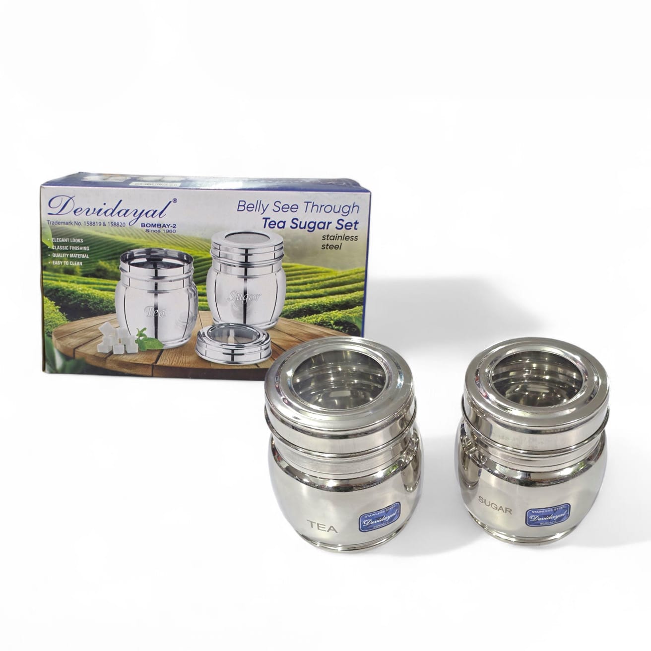 Devidayal "Belly" Tea & Sugar Cannister Set (2 Pieces) – Traditional Contour Stainless Steel Jars With Transparent Acrylic See-Through Lids (Since 1960) - image 2
