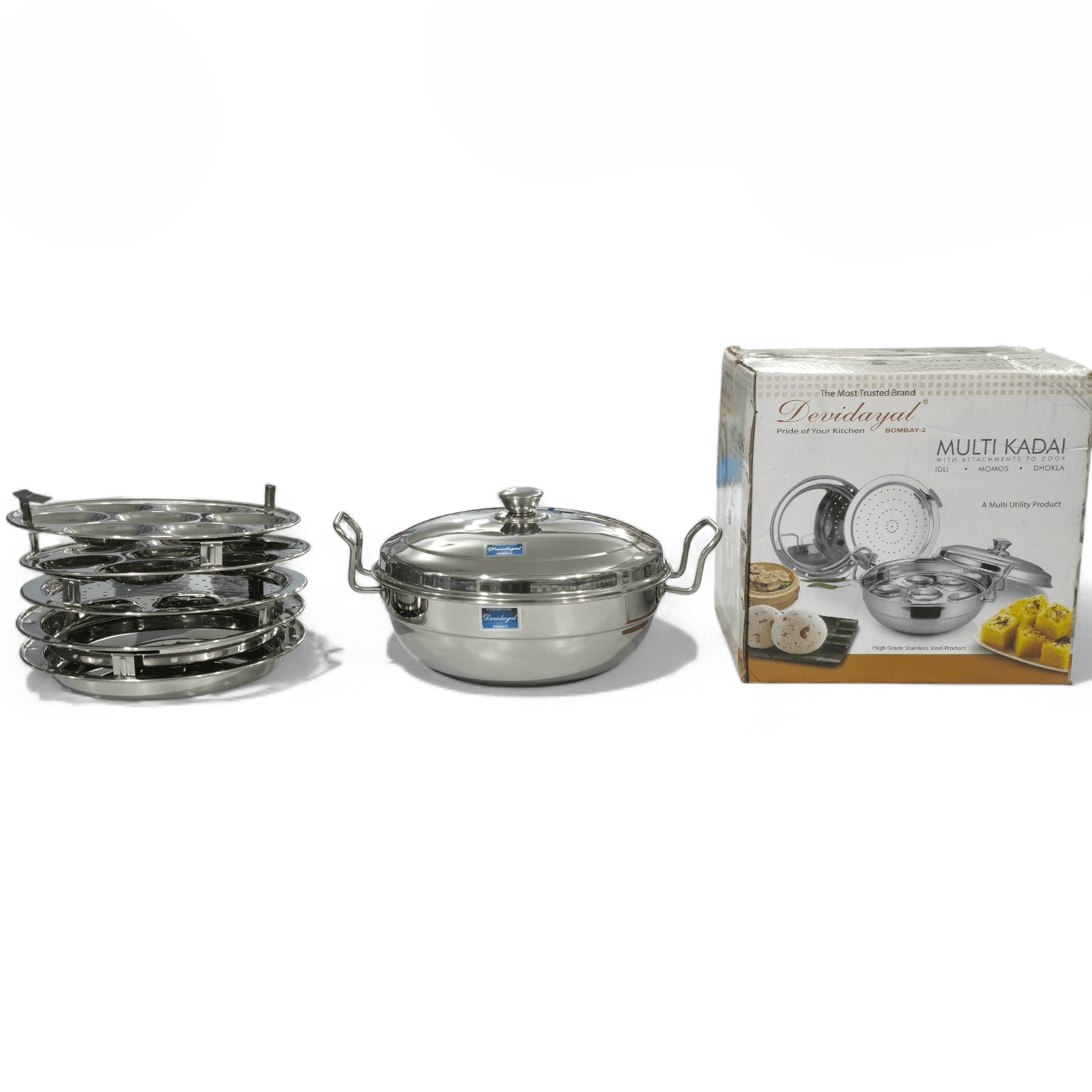 Devidayal 7-In-1 Premium Stainless Steel Multi Kadai Set – All-In-One Steamer & Cookware – Includes Idli, Dhokla, And Momo Attachments – Heavy-Gauge Mirror Finish (Since 1960) - image 3
