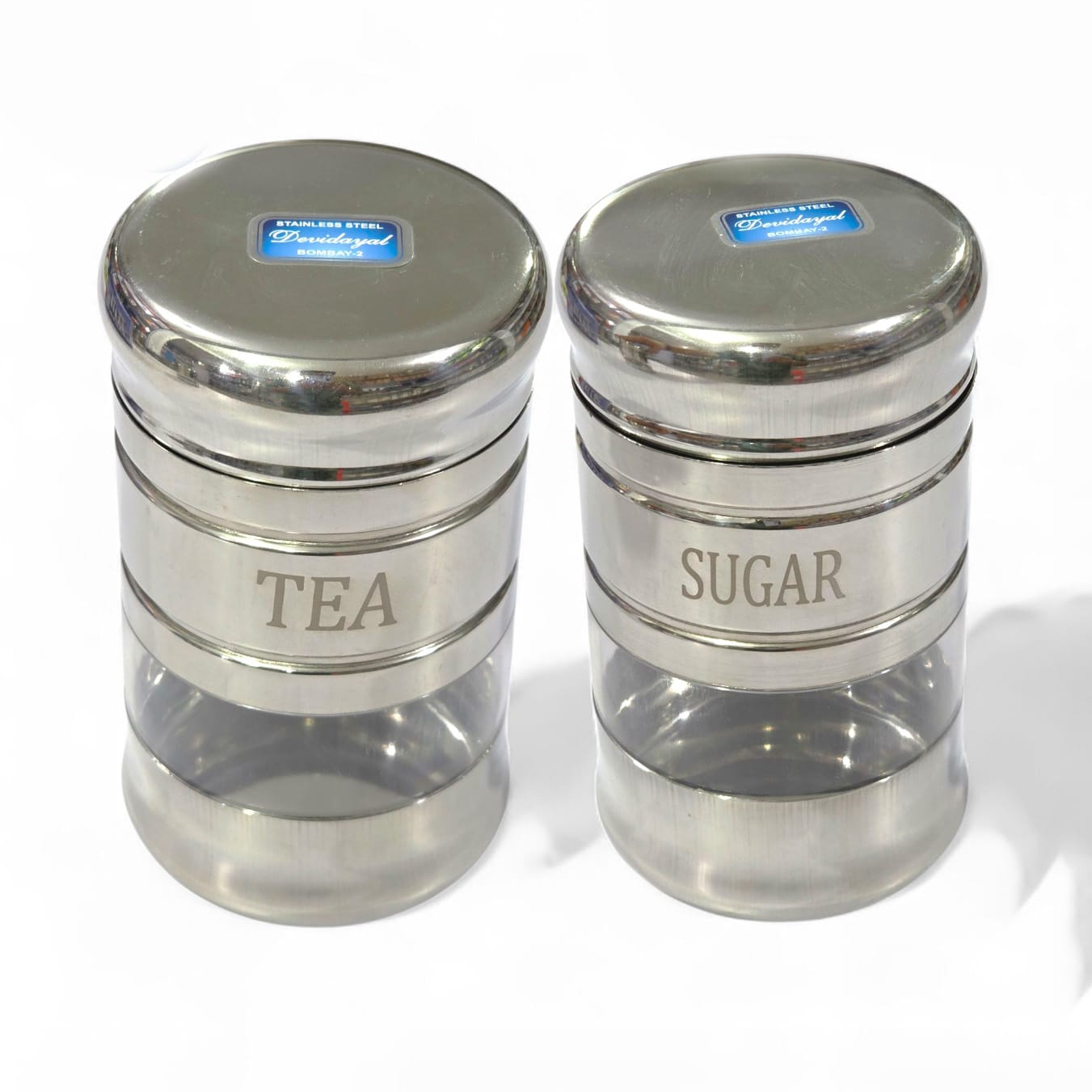 Devidayal "Waves" Designer Tea & Sugar Cannister Set (2 Pieces) – See-Through Acrylic Window Jars – Premium Stainless Steel Storage With Identification Prints (Since 1960) - image 1